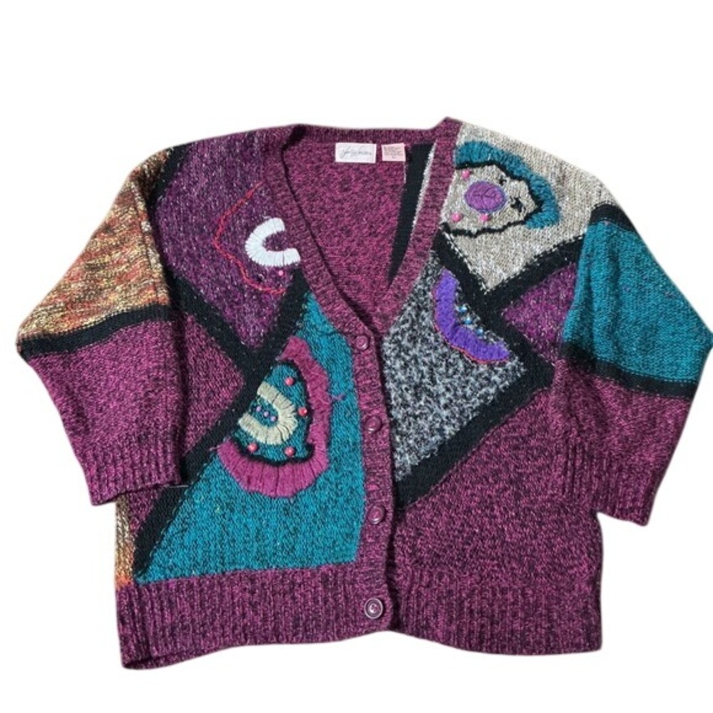 Jaclyn Smith Vintage Patchwork Cardigan Women L Purple Multi Knit Art Wear